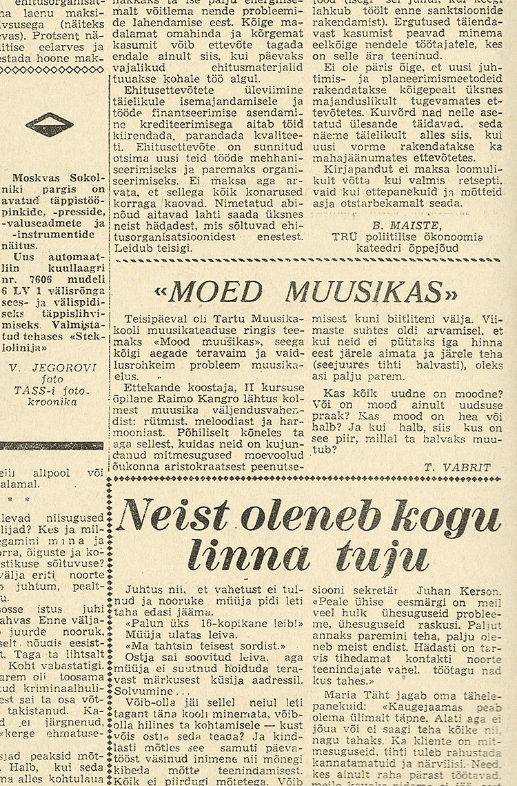 Тийна Вабрит. «Моды в музыке». Газета Эдази (Тарту) № 271 (5125) от 18 ноября 1966 года, стр. 2, на эстонском языке