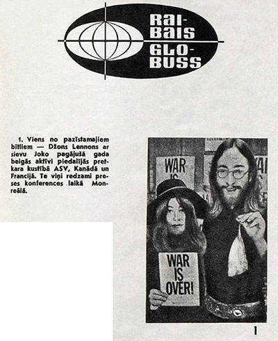 Пёстрый глобус. Журнал Звайгзне (Рига) № 3 (459) за 5 февраля 1970 года, стр. 3 обложки, ил., на латышском языке – зпметка про Леннона